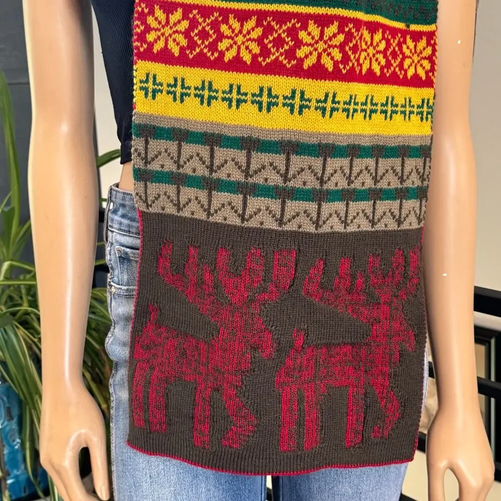 Vintage Fair Isle Knit Blanket Scarf Oversized Holiday Christmas Moose 76